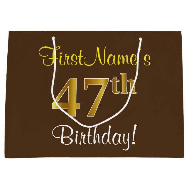 Elegant, Brown, Faux Gold 47th Birthday + Name Large Gift Bag (Front)