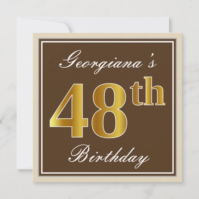Elegant, Brown, Faux Gold 48th Birthday + Name Invitation (Front)