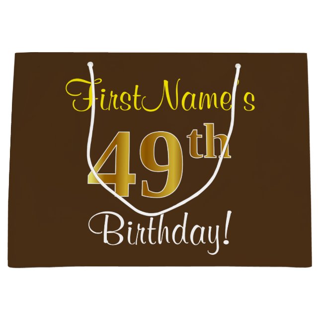 Elegant, Brown, Faux Gold 49th Birthday + Name Large Gift Bag (Front)