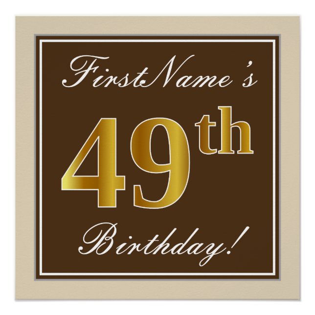 Elegant, Brown, Faux Gold 49th Birthday + Name Poster (Front)
