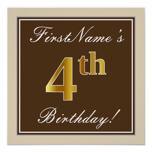 Elegant, Brown, Faux Gold 4th Birthday + Name Poster (Front)