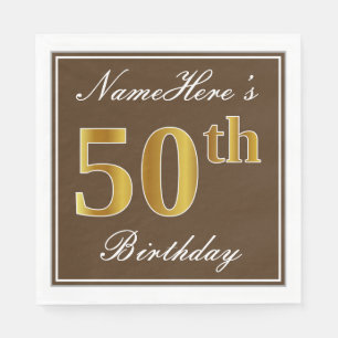 Elegant Brown, Faux Gold 50th Birthday + Name Napkin