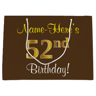 Elegant, Brown, Faux Gold 52nd Birthday + Name Large Gift Bag