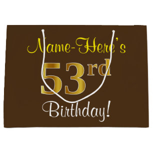 Elegant, Brown, Faux Gold 53rd Birthday + Name Large Gift Bag