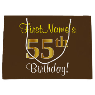 Elegant, Brown, Faux Gold 55th Birthday + Name Large Gift Bag