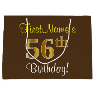 Elegant, Brown, Faux Gold 56th Birthday + Name Large Gift Bag