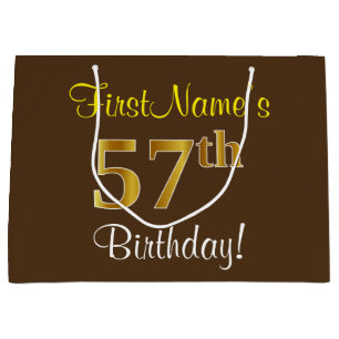 Elegant, Brown, Faux Gold 57th Birthday + Name Large Gift Bag