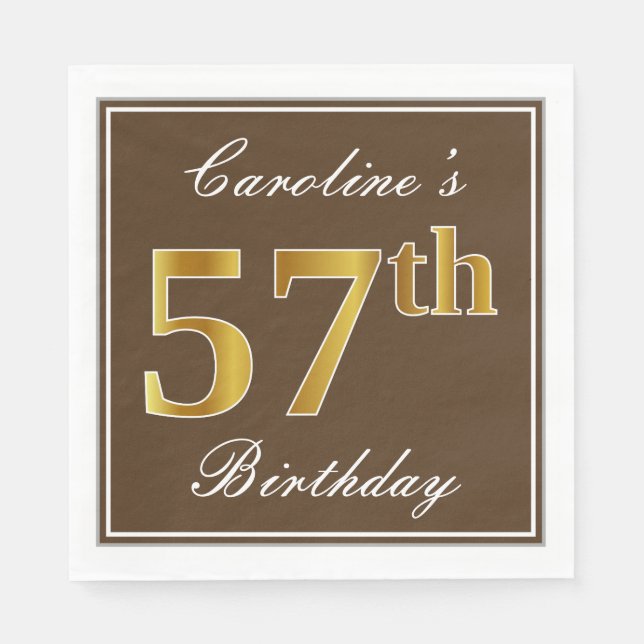 Elegant Brown, Faux Gold 57th Birthday + Name Napkin (Front)