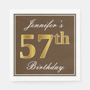 Elegant Brown, Faux Gold 57th Birthday + Name Napkin