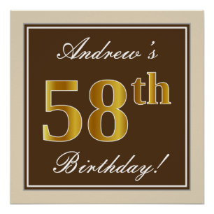 Elegant, Brown, Faux Gold 58th Birthday + Name Poster