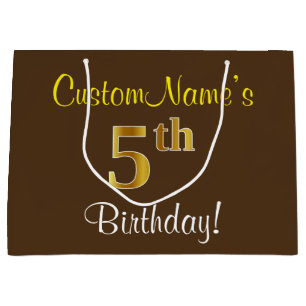Elegant, Brown, Faux Gold 5th Birthday + Name Large Gift Bag