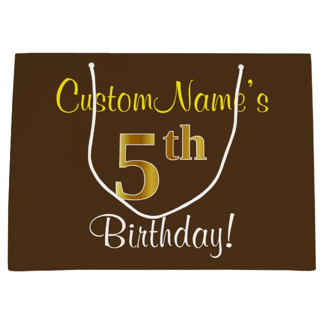 Elegant, Brown, Faux Gold 5th Birthday + Name Large Gift Bag (Front)