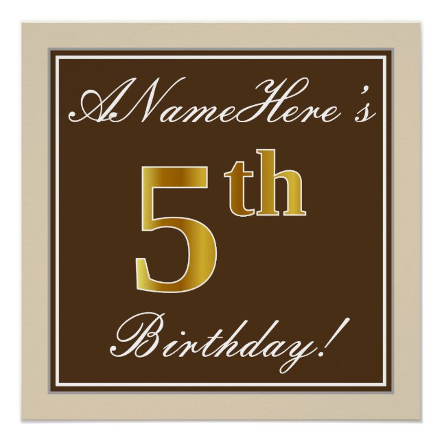 Elegant, Brown, Faux Gold 5th Birthday + Name Poster (Front)