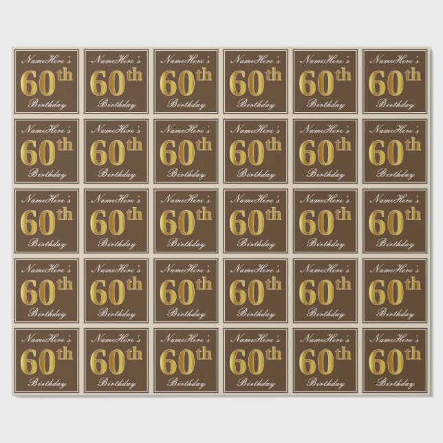 Elegant, Brown, Faux Gold 60th Birthday + Name Wrapping Paper (Flat)