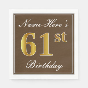 Elegant Brown, Faux Gold 61st Birthday + Name Napkin