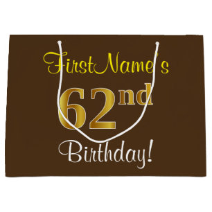 Elegant, Brown, Faux Gold 62nd Birthday + Name Large Gift Bag