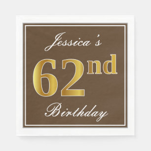 Elegant Brown, Faux Gold 62nd Birthday + Name Napkin