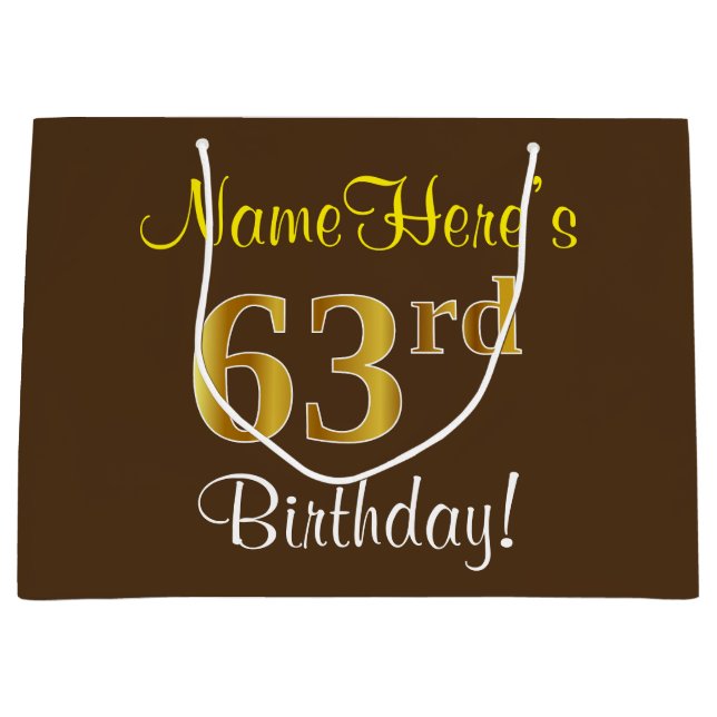 Elegant, Brown, Faux Gold 63rd Birthday + Name Large Gift Bag (Front)