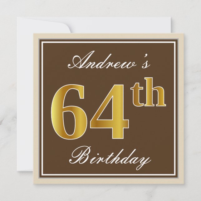 Elegant, Brown, Faux Gold 64th Birthday + Name Invitation (Front)