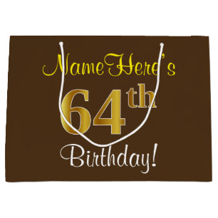 Elegant, Brown, Faux Gold 64th Birthday + Name Large Gift Bag