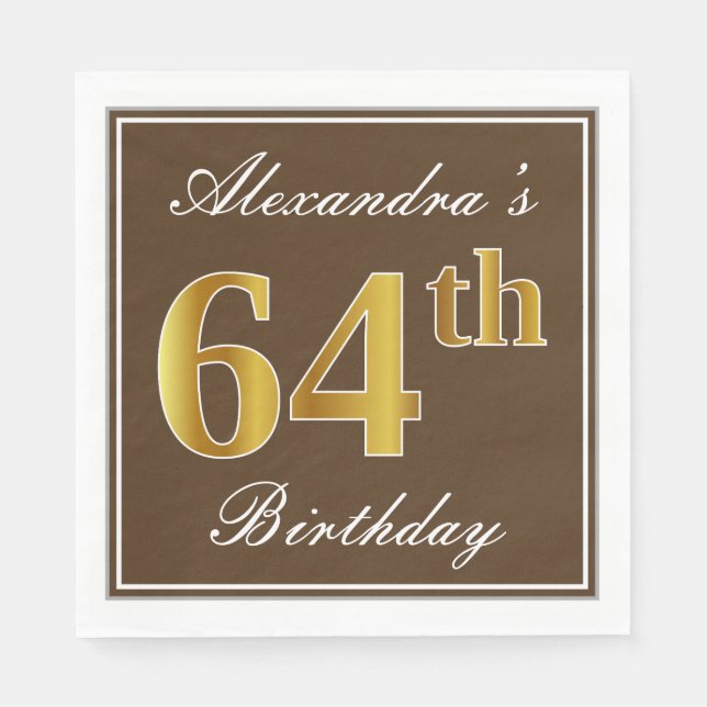 Elegant Brown, Faux Gold 64th Birthday + Name Napkin (Front)