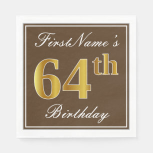Elegant Brown, Faux Gold 64th Birthday + Name Napkin