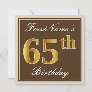 Elegant, Brown, Faux Gold 65th Birthday + Name Invitation