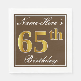 Elegant Brown, Faux Gold 65th Birthday + Name Napkin