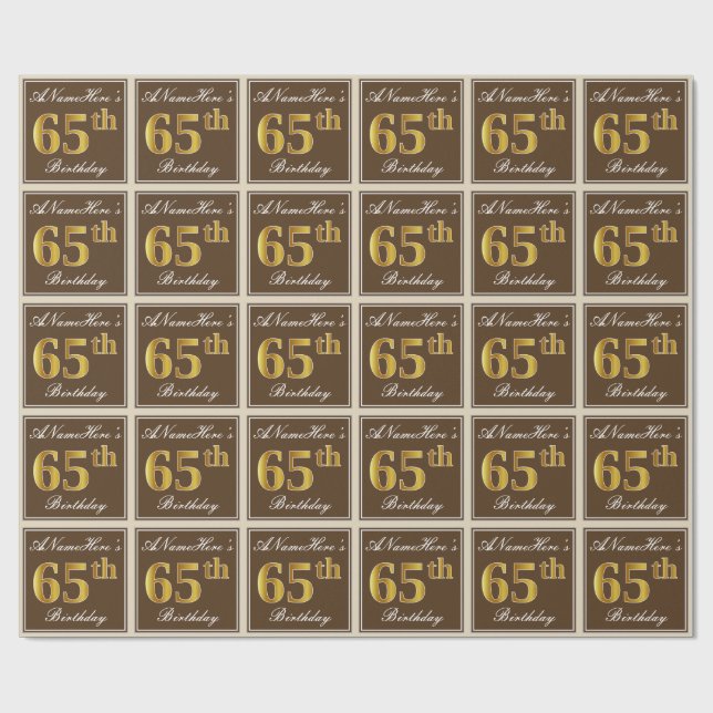 Elegant, Brown, Faux Gold 65th Birthday + Name Wrapping Paper (Flat)