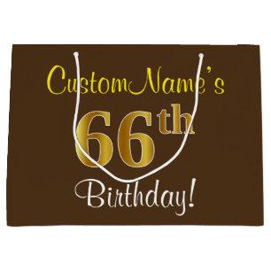 Elegant, Brown, Faux Gold 66th Birthday + Name Large Gift Bag