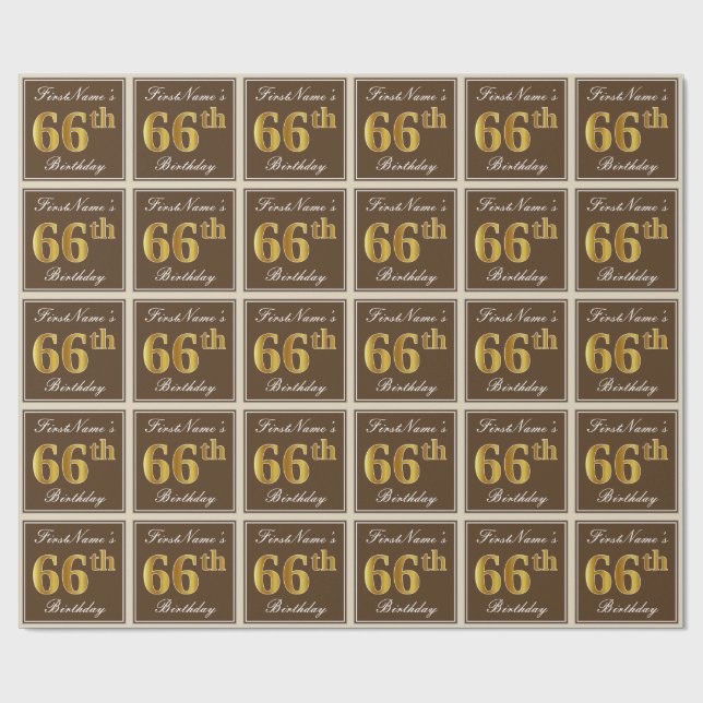 Elegant, Brown, Faux Gold 66th Birthday + Name Wrapping Paper (Flat)