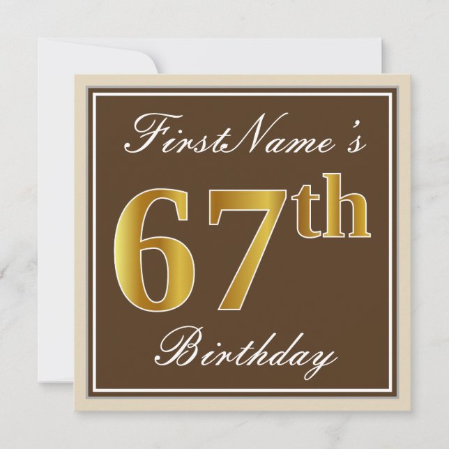 Elegant, Brown, Faux Gold 67th Birthday + Name Invitation (Front)