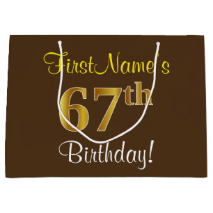 Elegant, Brown, Faux Gold 67th Birthday + Name Large Gift Bag