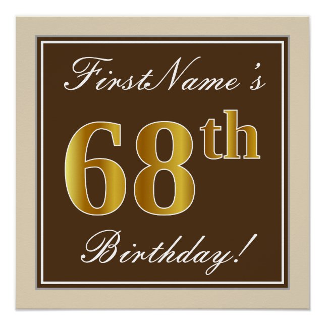 Elegant, Brown, Faux Gold 68th Birthday + Name Poster (Front)
