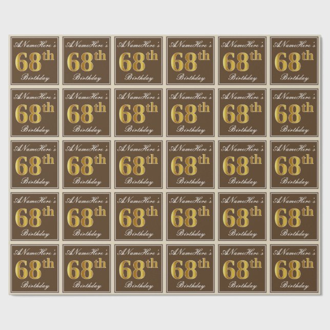 Elegant, Brown, Faux Gold 68th Birthday + Name Wrapping Paper (Flat)