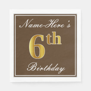 Elegant Brown, Faux Gold 6th Birthday; Custom Name Napkin