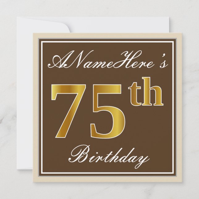 Elegant, Brown, Faux Gold 75th Birthday + Name Invitation (Front)
