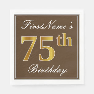 Elegant Brown, Faux Gold 75th Birthday + Name Napkin