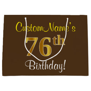 Elegant, Brown, Faux Gold 76th Birthday + Name Large Gift Bag