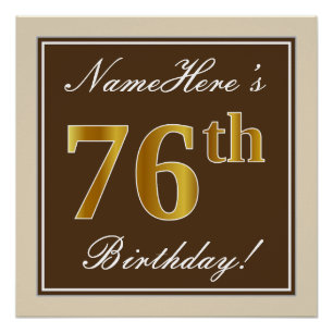 Elegant, Brown, Faux Gold 76th Birthday + Name Poster