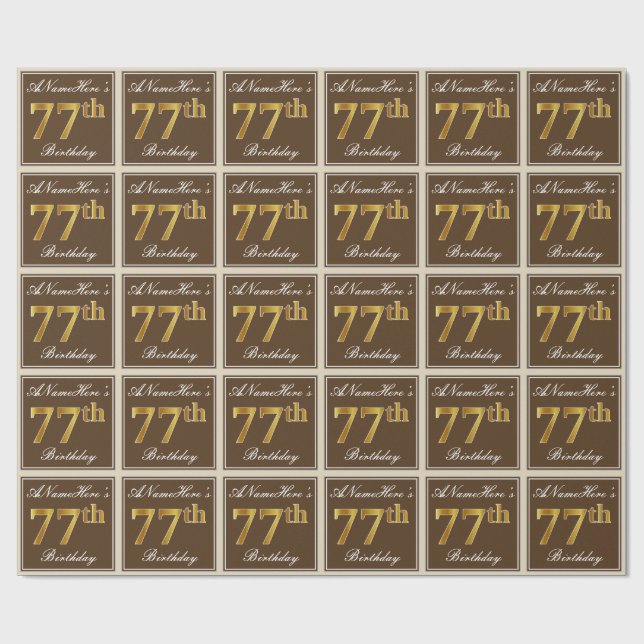 Elegant, Brown, Faux Gold 77th Birthday + Name Wrapping Paper (Flat)