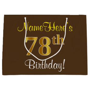 Elegant, Brown, Faux Gold 78th Birthday + Name Large Gift Bag
