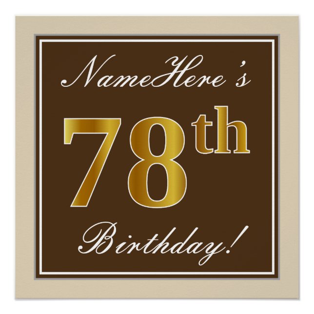 Elegant, Brown, Faux Gold 78th Birthday + Name Poster (Front)