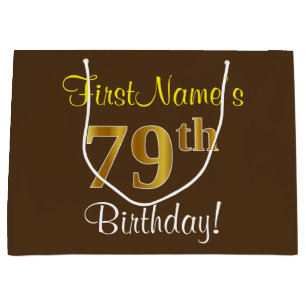 Elegant, Brown, Faux Gold 79th Birthday + Name Large Gift Bag
