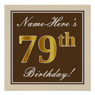 Elegant, Brown, Faux Gold 79th Birthday + Name Poster