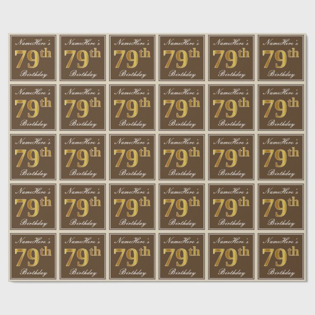 Elegant, Brown, Faux Gold 79th Birthday + Name Wrapping Paper (Flat)