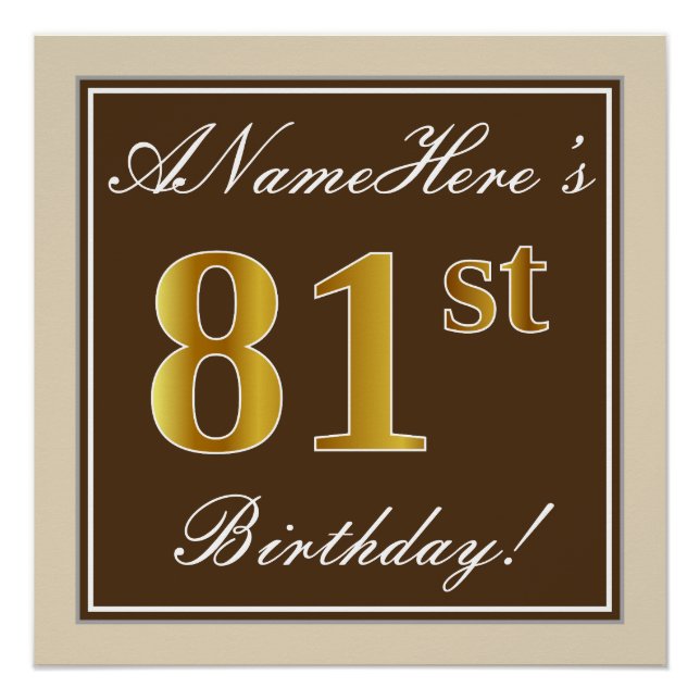 Elegant, Brown, Faux Gold 81st Birthday + Name Poster (Front)