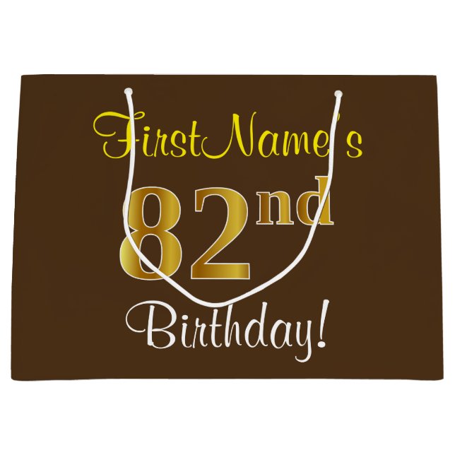 Elegant, Brown, Faux Gold 82nd Birthday + Name Large Gift Bag (Front)