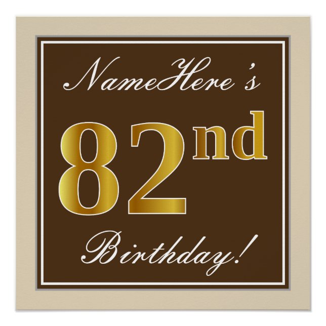 Elegant, Brown, Faux Gold 82nd Birthday + Name Poster (Front)
