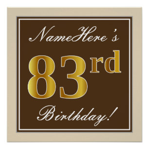 Elegant, Brown, Faux Gold 83rd Birthday + Name Poster